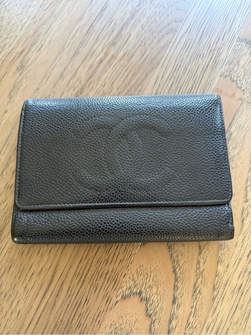 CHANEL Black Caviar Leather Wallet with Embossed CC